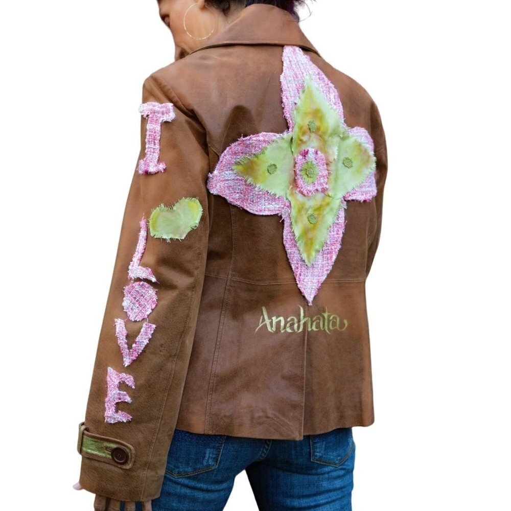 Vintage tawny brown leather jacket; hand painted, pink, lime, love wins sz L